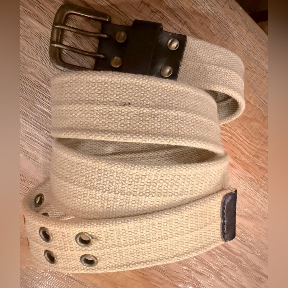 Men's Cream Cargo Canvas Belt Cotton & Leather Size 42